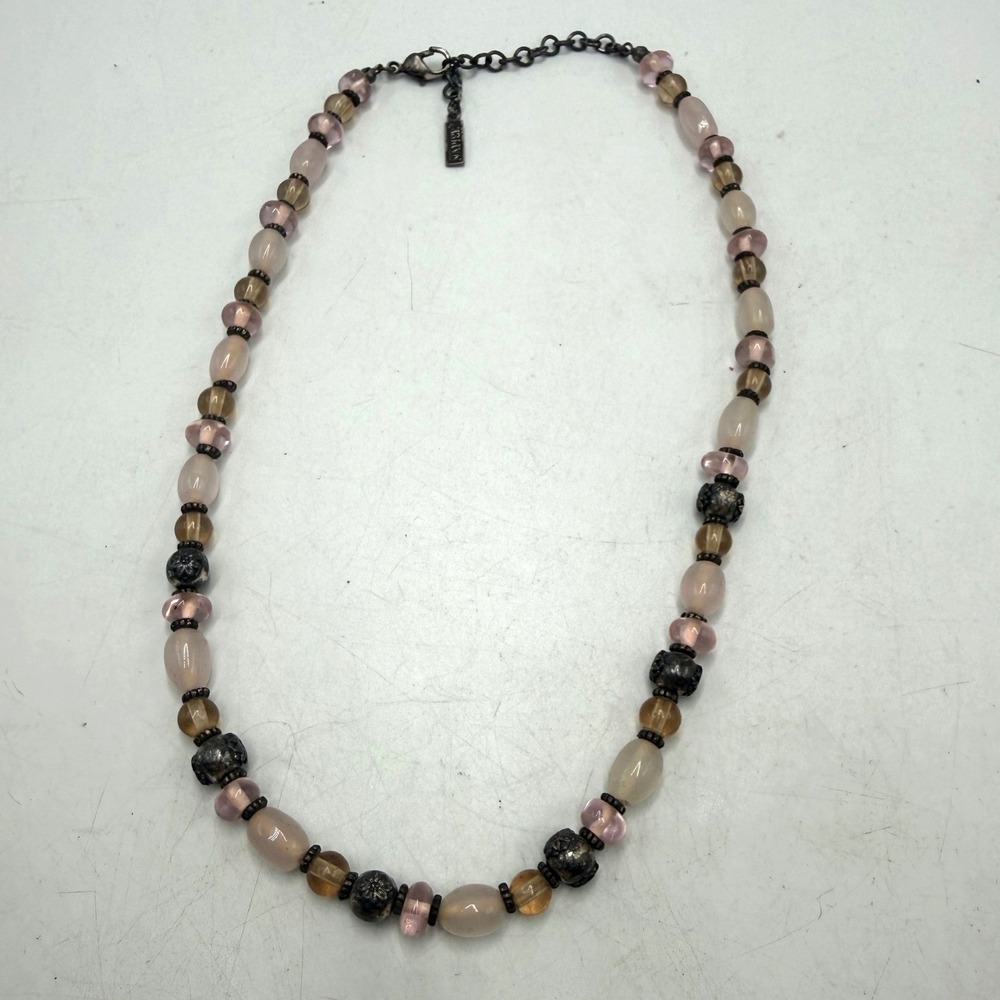 Napier Beaded Necklace Pink Amber Cream Gunmetal Tone Adjustable Clasp 16-19in